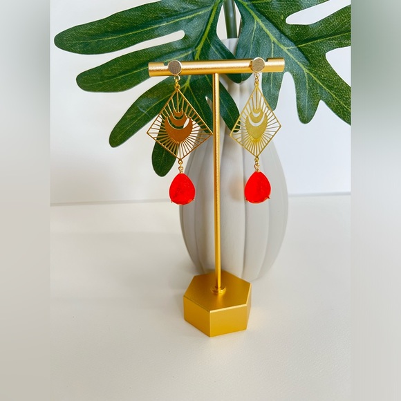 Delicate Statement Gold & Orange Dangle Earrings - Long Trendy Stylish Earrings - Picture 3 of 17